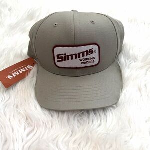 SIMMS Working Waders Fishing Snapback Hat Cap Khaki Crimson Letters NWT